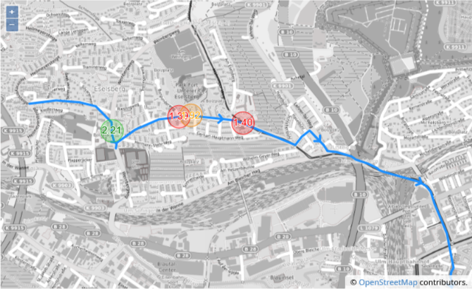Darstellung eines Tracks vom Eselsberg in die Innenstadt mit mehreren Überholvorgängen.