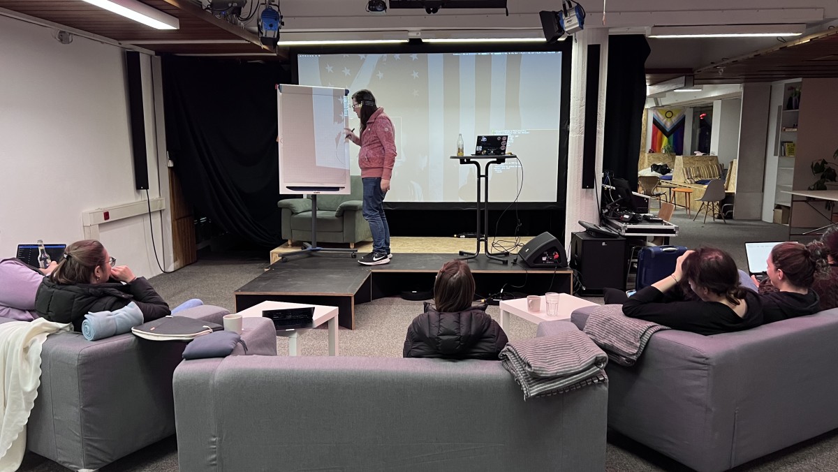 Photo from the F.U.C.K. networking meeting: People sit on sofas arranged in a semicircle while a person on stage explains something on the flipchart.